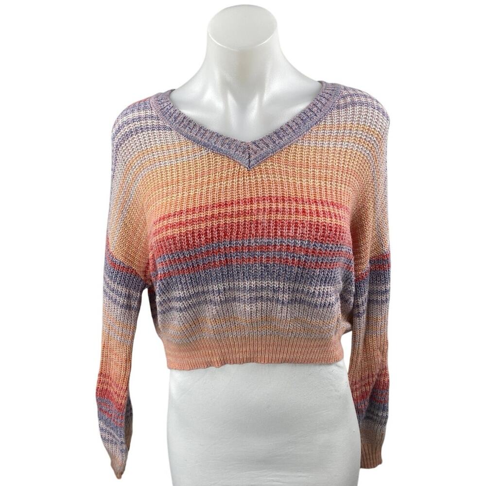 MM by My Michell Multicolor Striped Long Sleeve V Neck Cropped Sweater Top Sz M